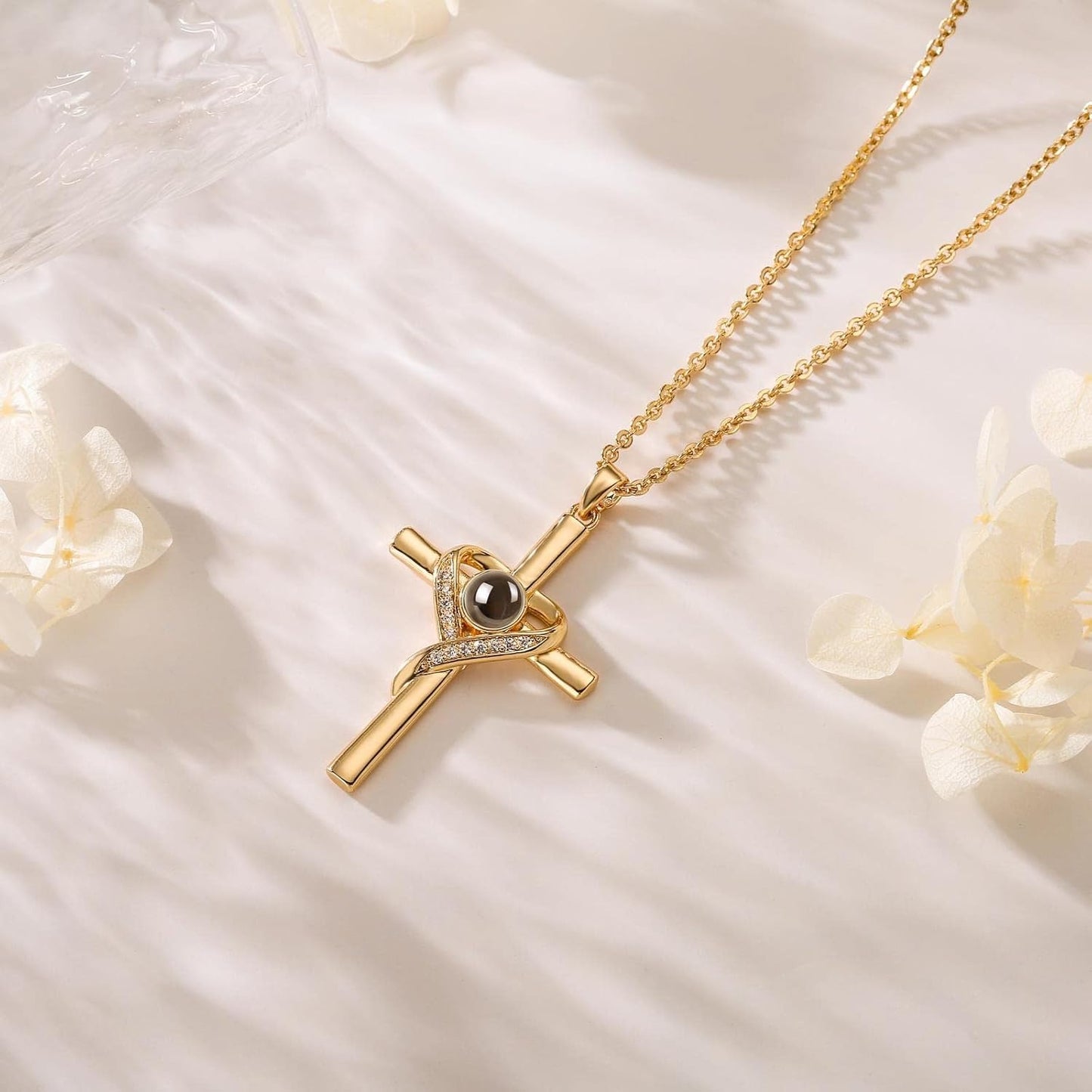 Unique Necklace with Cross and Bible Verse Visible Through a Lens