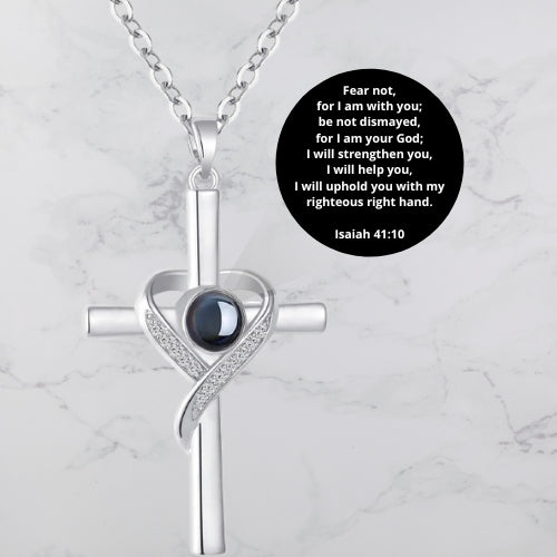 Unique Necklace with Cross and Bible Verse Visible Through a Lens