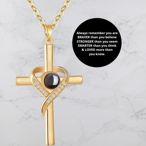 Unique Necklace with Cross and Bible Verse Visible Through a Lens