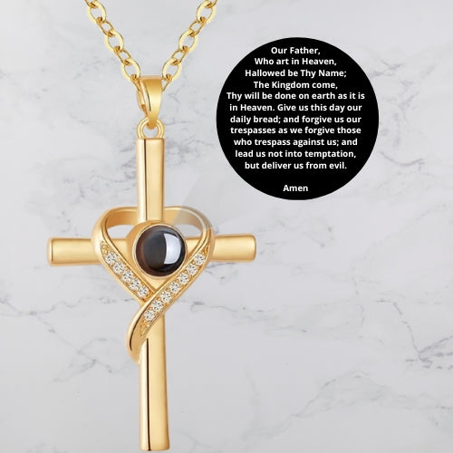 Unique Necklace with Cross and Bible Verse Visible Through a Lens