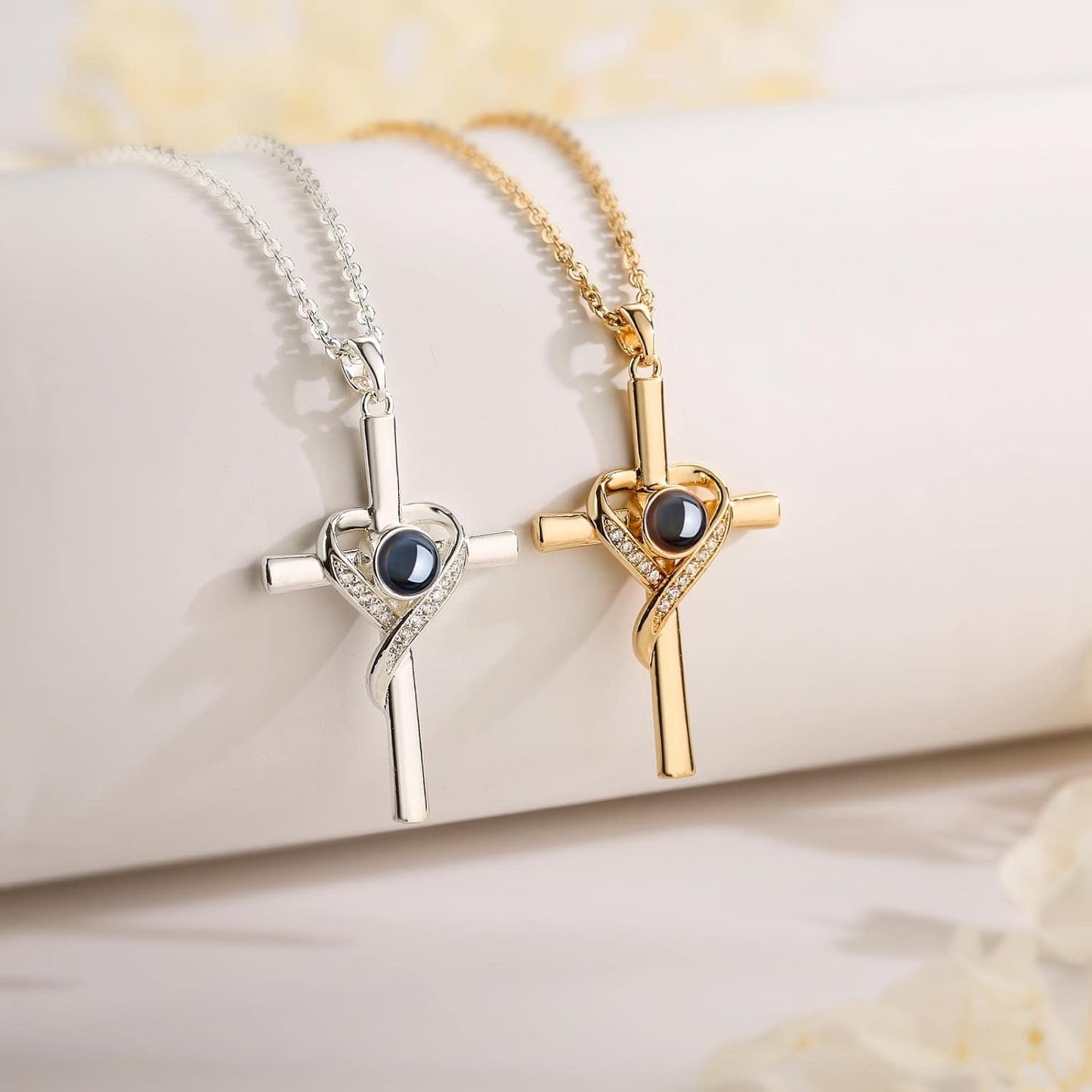 Unique Necklace with Cross and Bible Verse Visible Through a Lens